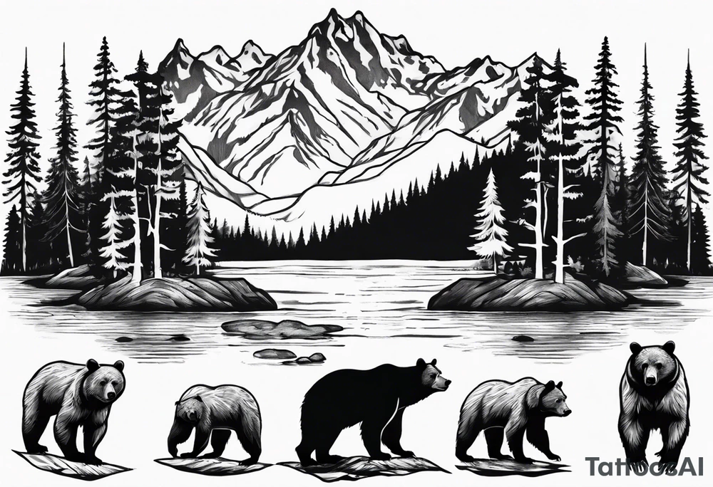 bear, forest, lake, appalachia, arm sleeve tattoo tattoo idea