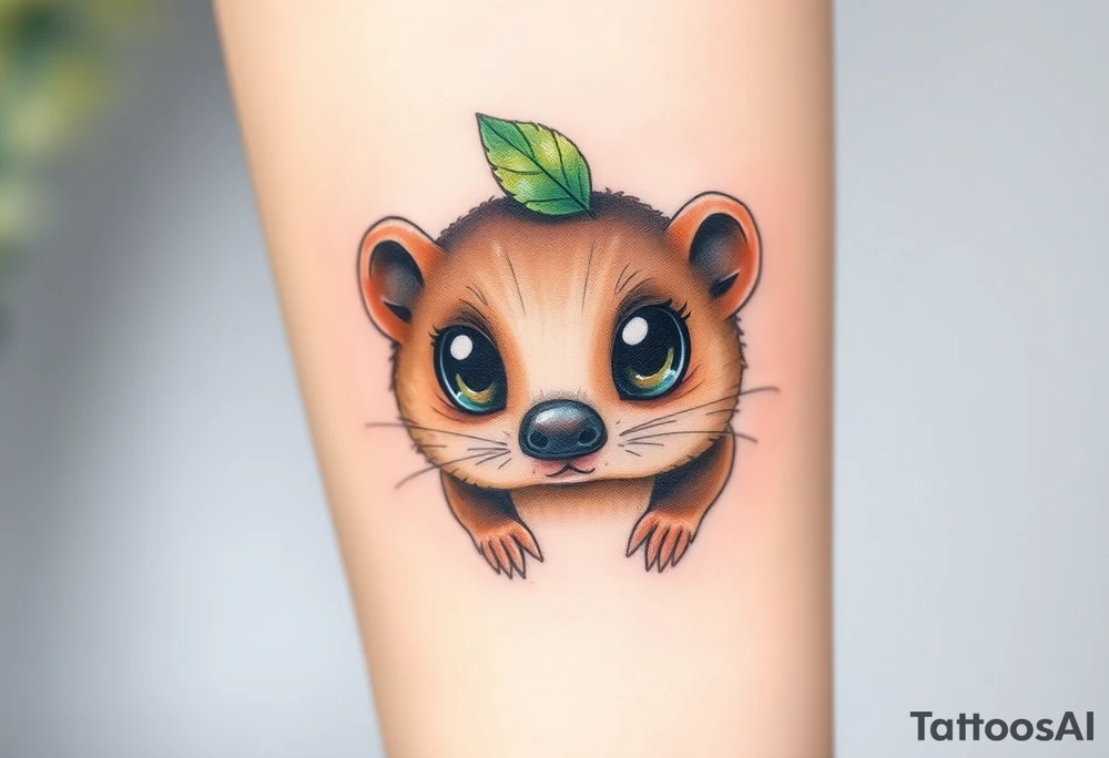 A cute cartoon mole with big, expressive eyes, wearing a tiny green leaf as a hat, blending shades of brown, beige, and soft green tattoo idea