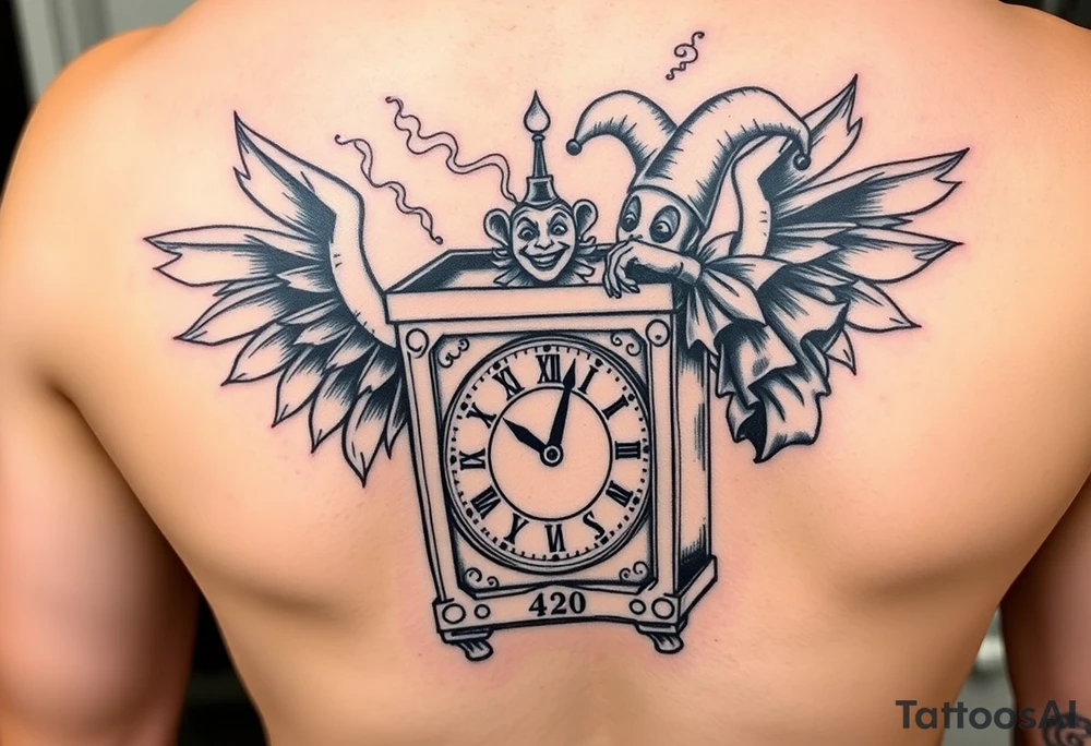 jack in the box
the box as a clock with the time 420
two open wings besides the clock
smoke as the spring
a jester clown coming out the smoke
smoking in one hand with a liquor bottle on the other hand tattoo idea