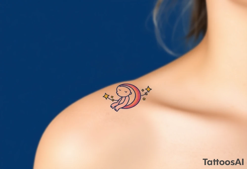 A mother and child sitting on a crescent moon, surrounded by twinkling golden stars on a deep blue background tattoo idea