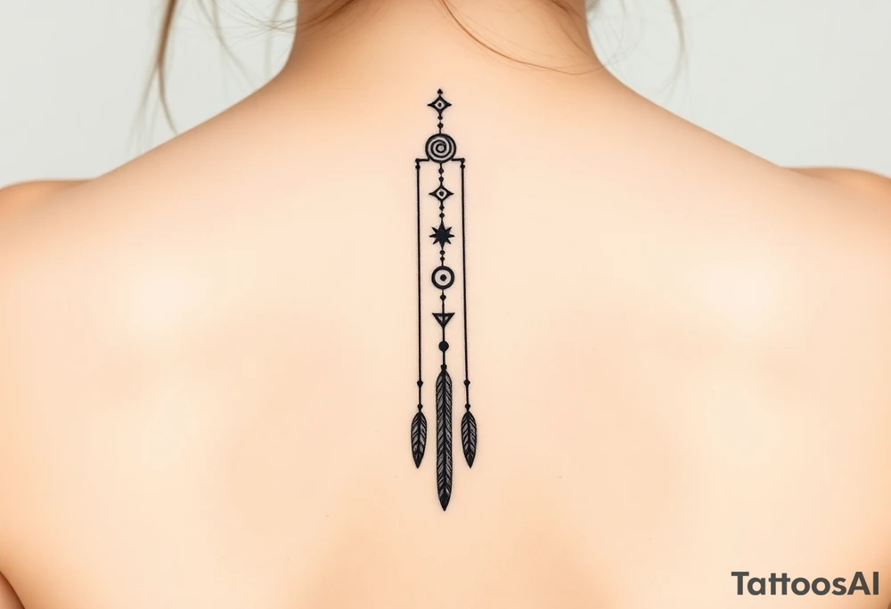 Thin vertical chain of symbols in a native ornament style following down the spine in a  with 3 vertical different lengths flowing lines made of a discreet connection of morse code ".--- .- --.     .-.. ... -.- .- .-.   -.. .. --.     .-.. .. .-.. .-.. . -... .-. --- .-. forming 3 arrow shapes connected to 3 flowing feathers hanging from the end of the morse code lines tattoo idea