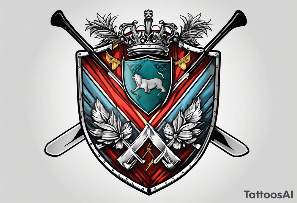 Swanson coat of arms on a shield with crossed skis behind the shield. tattoo idea