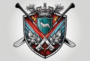 Swanson coat of arms on a shield with crossed skis behind the shield. tattoo idea