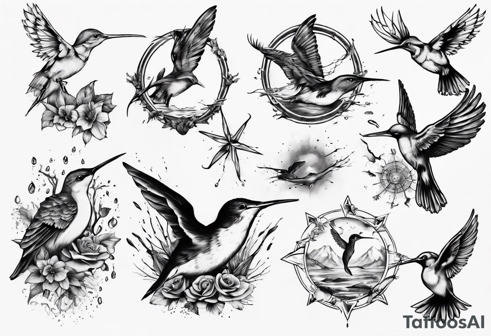 Wasser, Nymphe, Fisch, Hirsch, Wald, Waffe, Sonne, Kolibri tattoo idea