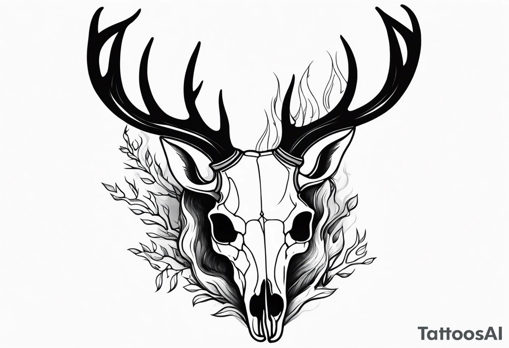 side profile of a deer skull JUST BONE surrounded by a flames and trees tattoo idea