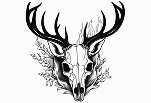 side profile of a deer skull JUST BONE surrounded by a flames and trees tattoo idea