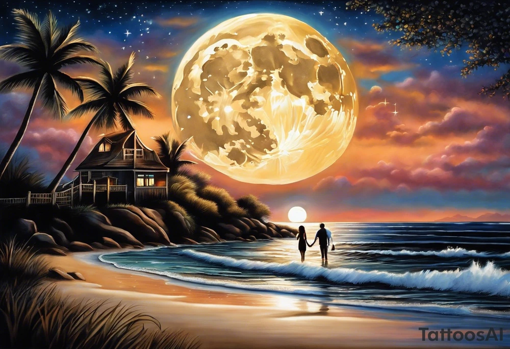 Create a stunning image of a realistic tattoo design that features a husband and wife holding hands, accompanied by their two children, walking along a beautiful beach. The moon shines radiantly in the night sky, illuminating the serene scene. Let your creativity flourish as you envision the intricate details that bring this tattoo to life, encapsulating the essence of love, family, and the awe-inspiring beauty of nature. tattoo idea