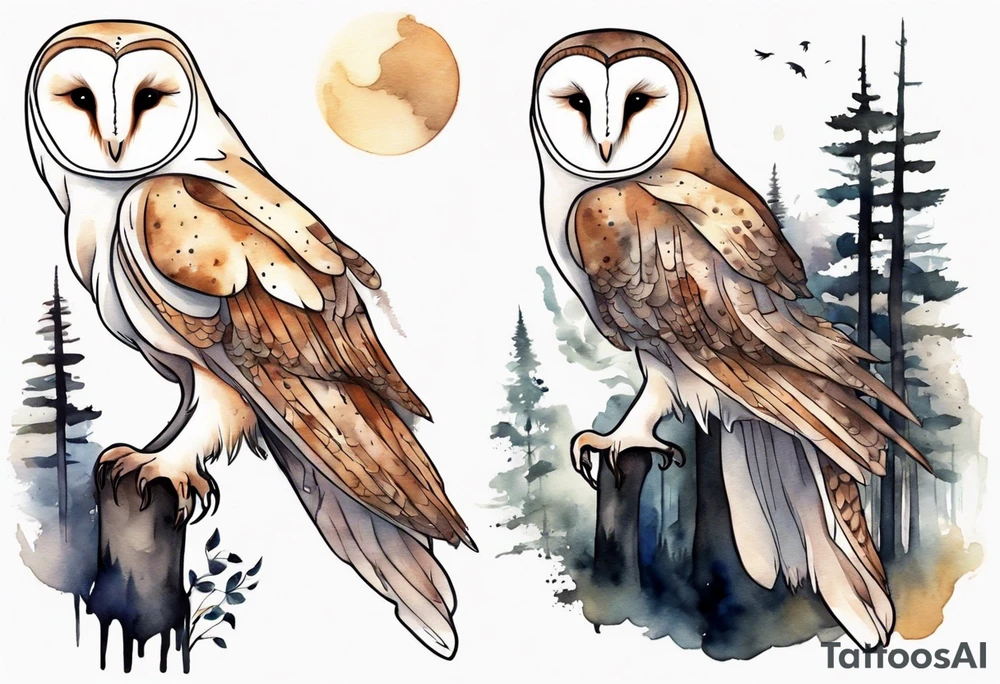 a tall barn owl with extremely long legs walking on a forest path at night tattoo idea