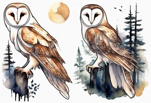 a tall barn owl with extremely long legs walking on a forest path at night tattoo idea