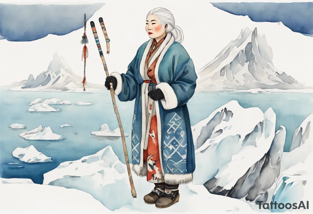 a middle aged Inuit woman with white hair, wearing mittens, holding a white staff, wearing mukluks, standing on an iceberg tattoo idea