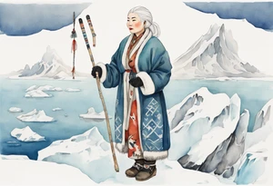 a middle aged Inuit woman with white hair, wearing mittens, holding a white staff, wearing mukluks, standing on an iceberg tattoo idea