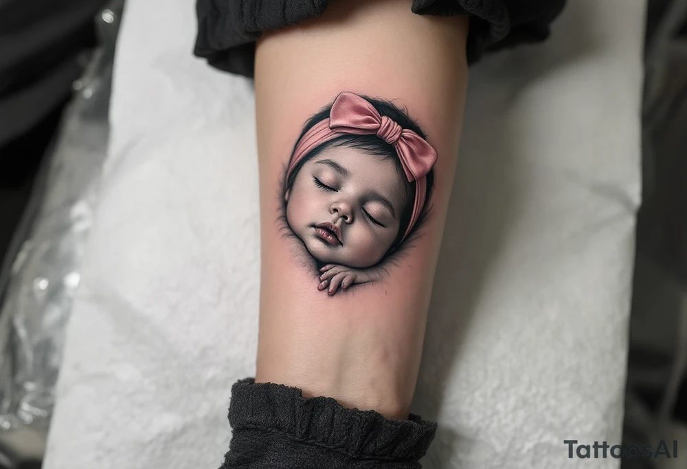 A portrait-style tattoo of a sleeping baby girl’s face, realistic shading in grayscale with a pink bow headband as the only color. tattoo idea