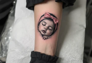 A portrait-style tattoo of a sleeping baby girl’s face, realistic shading in grayscale with a pink bow headband as the only color. tattoo idea