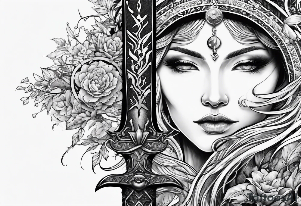 Yggdrasil growing around pisces astrology sign and a long sword underneath tattoo idea