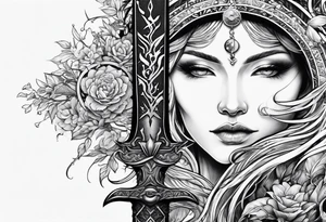 Yggdrasil growing around pisces astrology sign and a long sword underneath tattoo idea