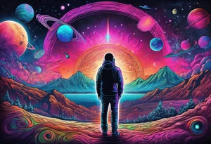 Full Back, synthwave, colossal Alien entities and space stuff, small human on The foreground in awe of The sheer scale of The infinite universe tattoo idea