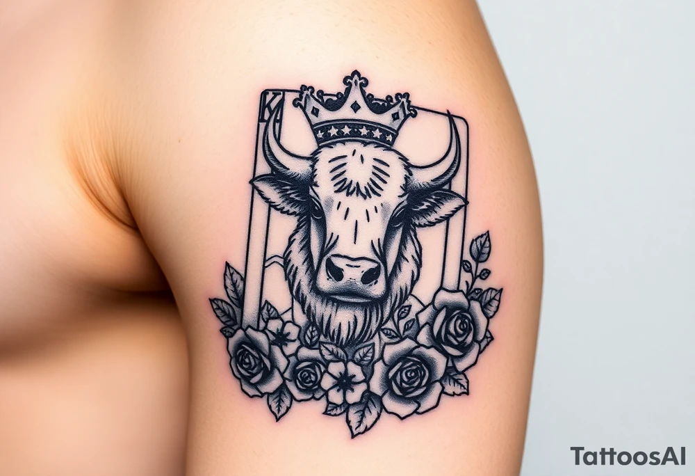 A king play card with a small highland cow face on it and a small 4 leaf clover surrounded by roses tattoo idea
