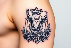 A king play card with a small highland cow face on it and a small 4 leaf clover surrounded by roses tattoo idea