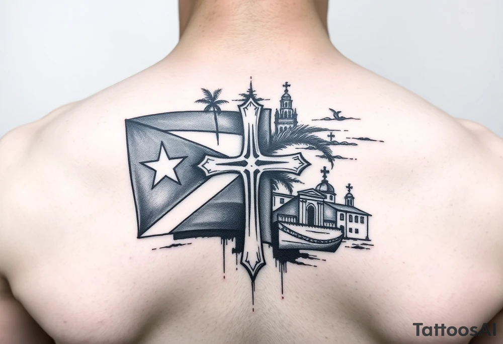 puerto rican flag , cross, old san juan in the background tattoo idea