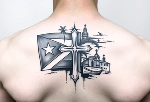 puerto rican flag , cross, old san juan in the background tattoo idea