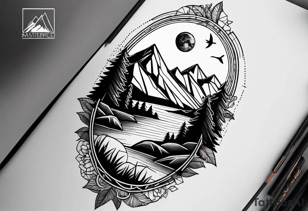 Geometric nature tattoo with moutains, lake, forest, birds and a moon. Tattoo needs to be the size of a forearm. tattoo idea