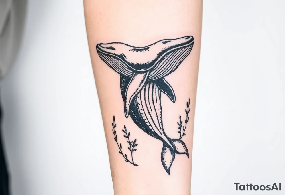 Forearm design, size = most of forearm.   Illustrative B/W with mix of heavy and light linework, detail, shading and artistic styling.   Humpback whale that is breaching.  Kelp underwater framing whale as it emerges. tattoo idea