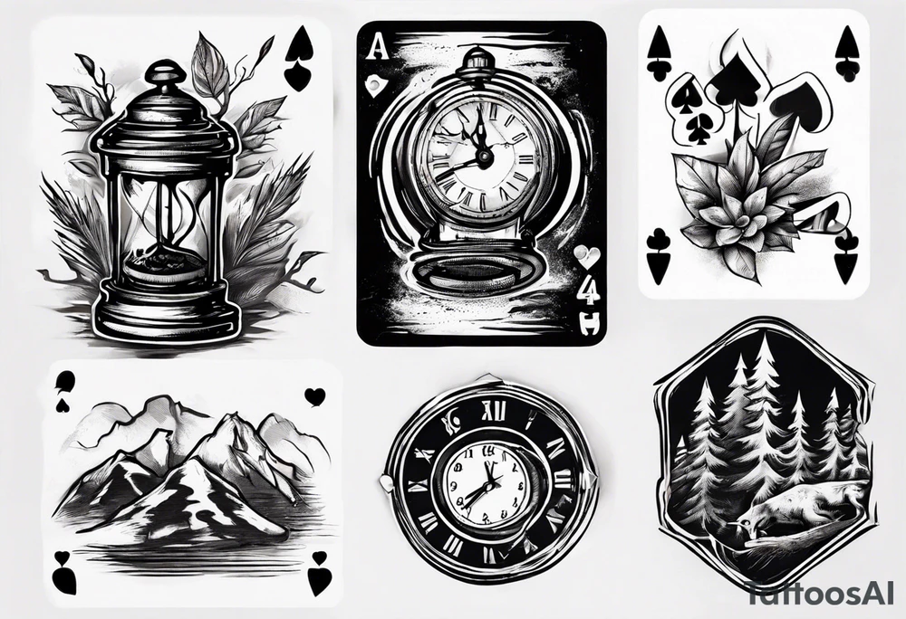 mokka coffee
Old clock at 9:44pm
Forest and mountain
Game of 4 poker cards tattoo idea