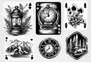 mokka coffee
Old clock at 9:44pm
Forest and mountain
Game of 4 poker cards tattoo idea