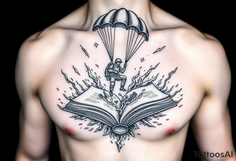 A parachuting soldier landing into an open book. Chaos surrounding, but the book is protecting the soldier from it. On the chest. Make it smaller. Thought provoking tattoo idea