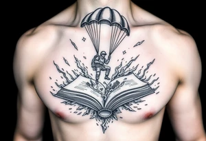 A parachuting soldier landing into an open book. Chaos surrounding, but the book is protecting the soldier from it. On the chest. Make it smaller. Thought provoking tattoo idea