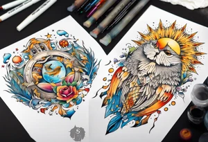 fisch, fuchs und eule , symetrie  sonne, universum, bunt, " sapere aude" tattoo idea