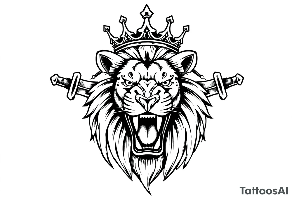 Fierce lion roaring, crown tilted, crossed swords framing its head. tattoo idea