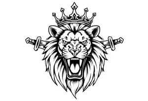 Fierce lion roaring, crown tilted, crossed swords framing its head. tattoo idea
