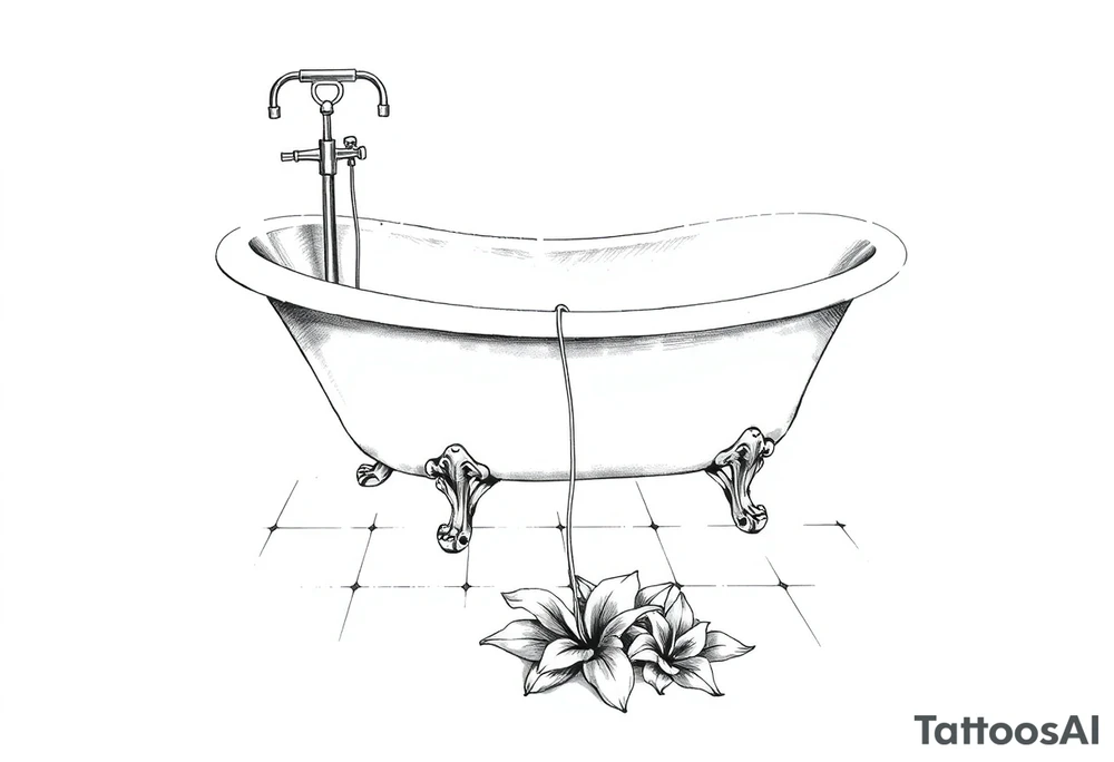 Clawfoot bathtub with lily coming up from tile floor tattoo idea