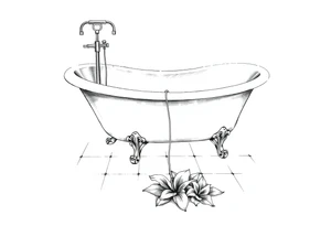 Clawfoot bathtub with lily coming up from tile floor tattoo idea