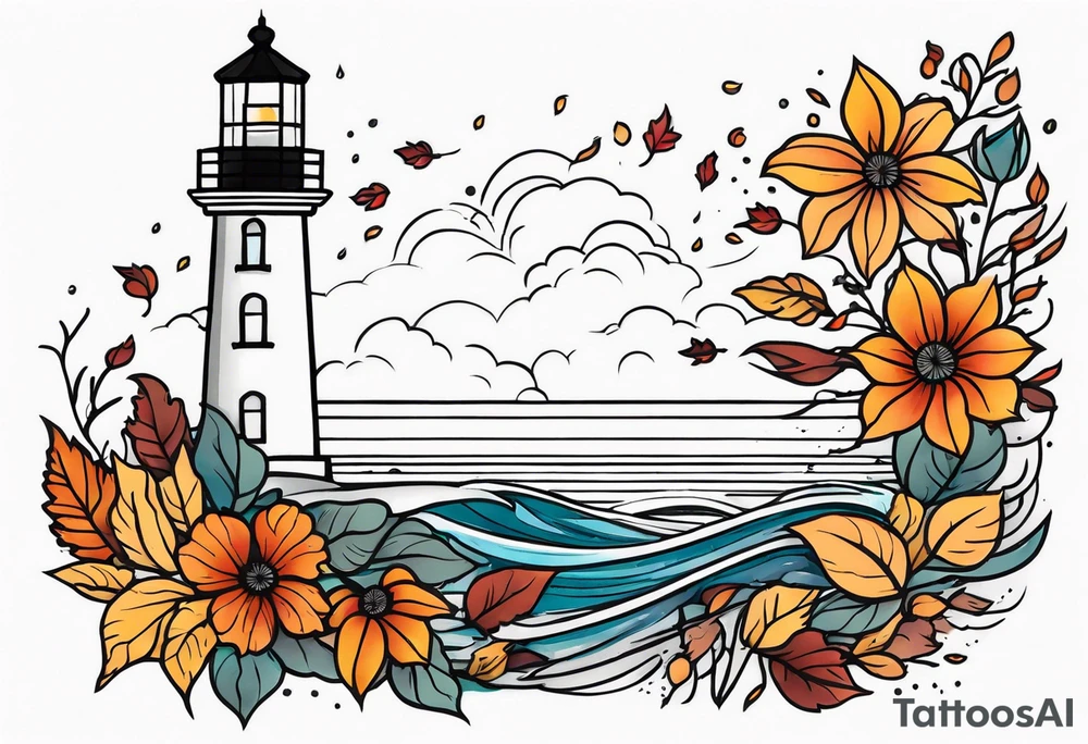 Arm sleeve with fall colors, various flowers, water flow, water splash, light house tattoo idea
