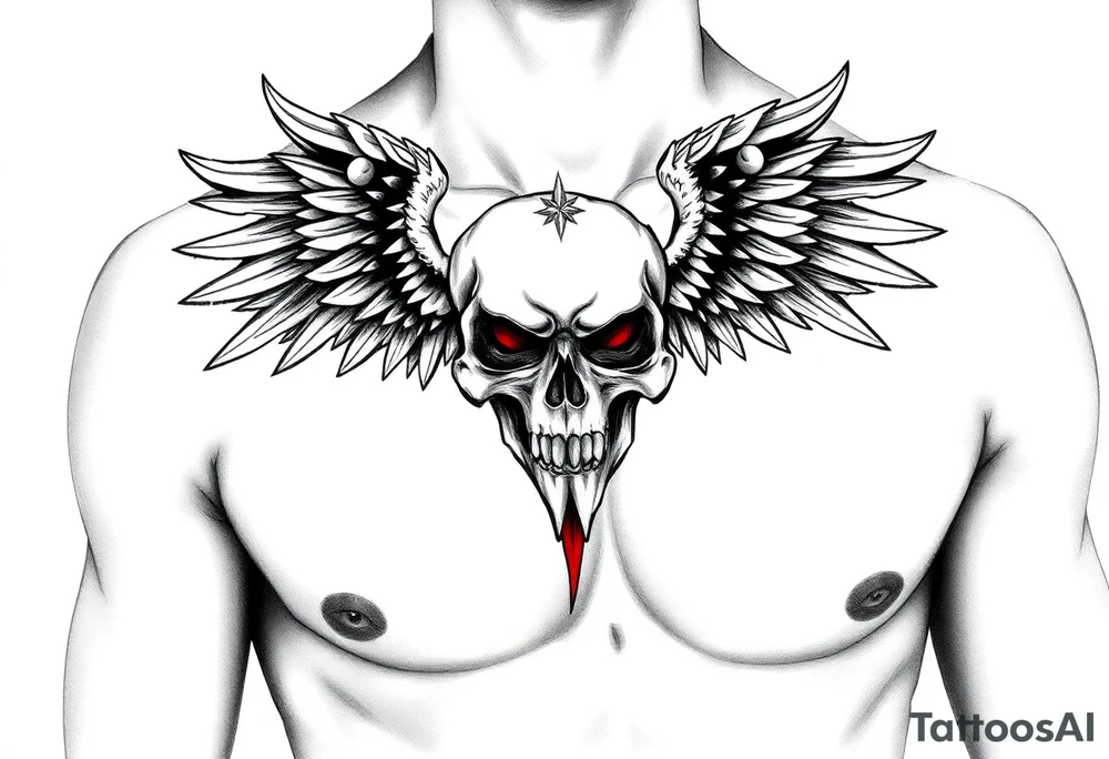 Angel skull black and red on left chest male tattoo idea