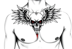 Angel skull black and red on left chest male tattoo idea