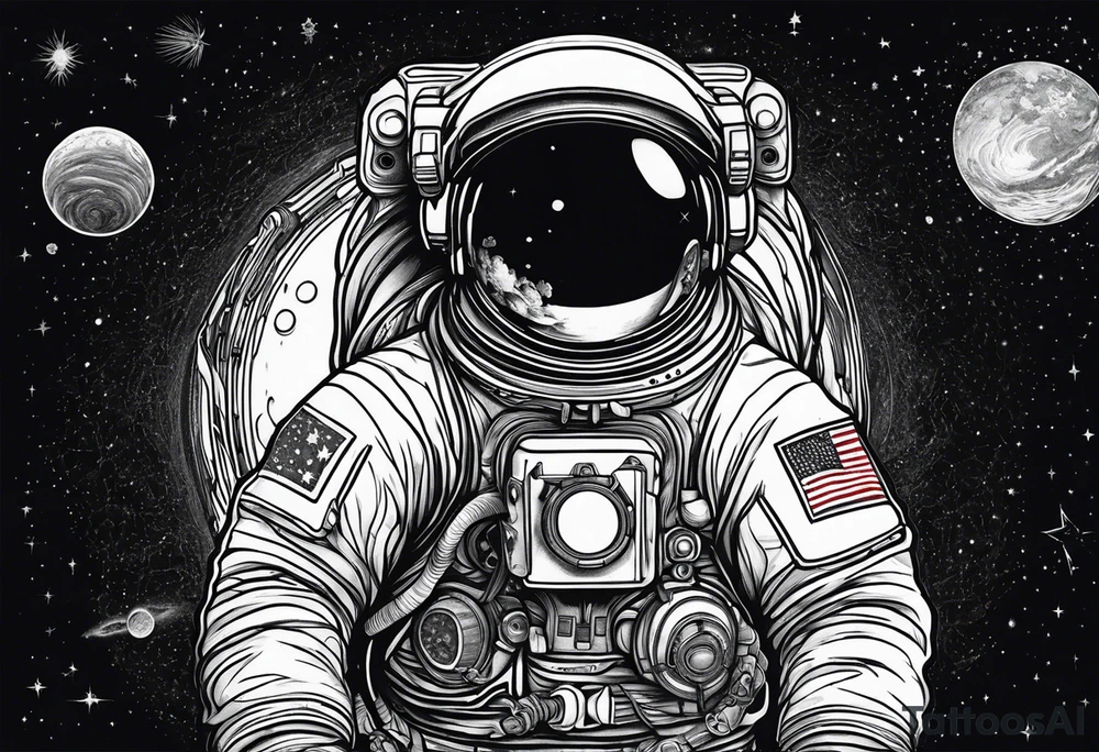 an astronaut hunched over in space from the back holding a planet in his hands tattoo idea