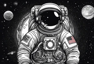 an astronaut hunched over in space from the back holding a planet in his hands tattoo idea