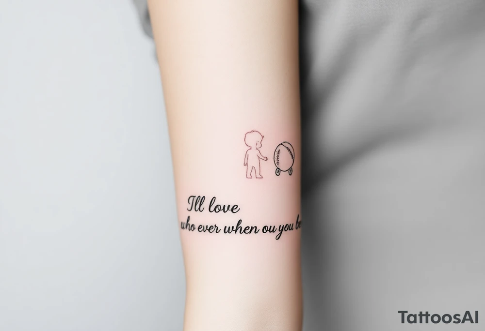 Two little boys one with small toy train one with a football written underneath "ill love who ever you turn out to be" tattoo idea