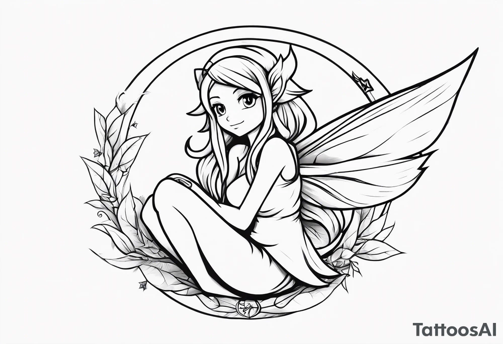 A fairy with a tail inspired by the logo of the show called Fairy Tail in a fetal position leaning in tattoo idea