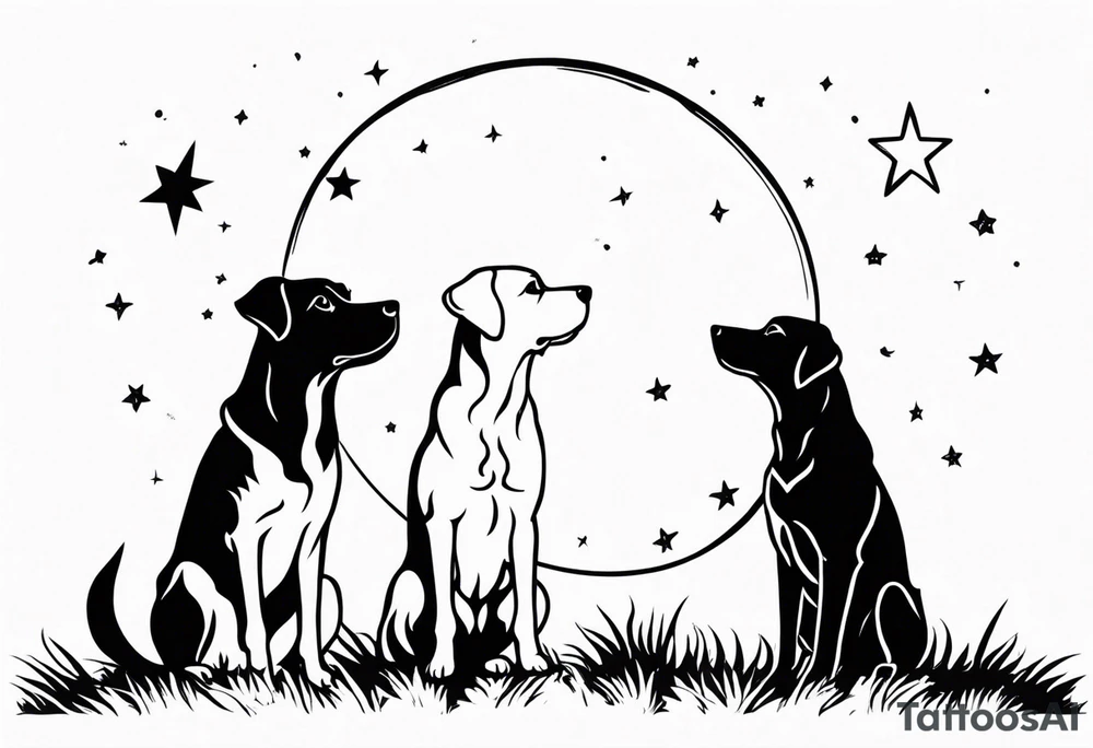 3 black silhouettes of dogs looking up at the night sky tattoo idea