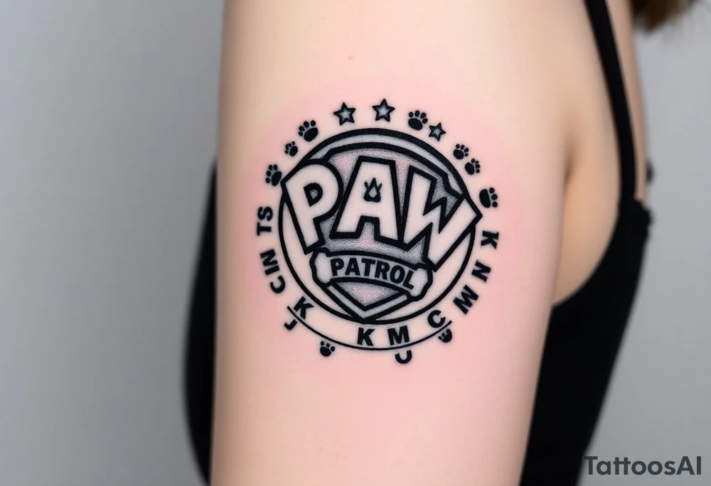 Paw Patrol Badge with footprints chasing letters KMC around the outside staggered tattoo idea