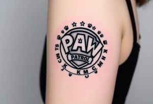 Paw Patrol Badge with footprints chasing letters KMC around the outside staggered tattoo idea