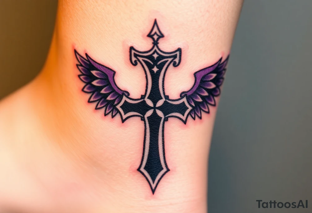 A Viking-style iron cross, with raven wings in black and deep purple tattoo idea