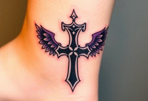 A Viking-style iron cross, with raven wings in black and deep purple tattoo idea