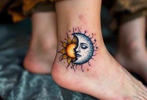 A golden sun and silver moon on each of partner ankle represent balance and eternal connection. tattoo idea
