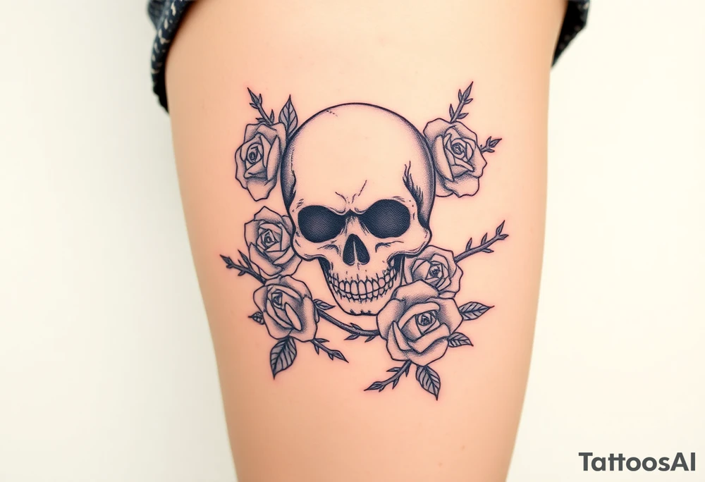 skull intertwined with roses and thorns tattoo idea