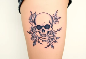 skull intertwined with roses and thorns tattoo idea
